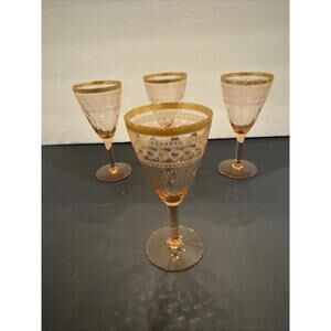 (4) Vintage Pink Diamond Pattern With Etched Depression Wine/Cocktail Gold Rim